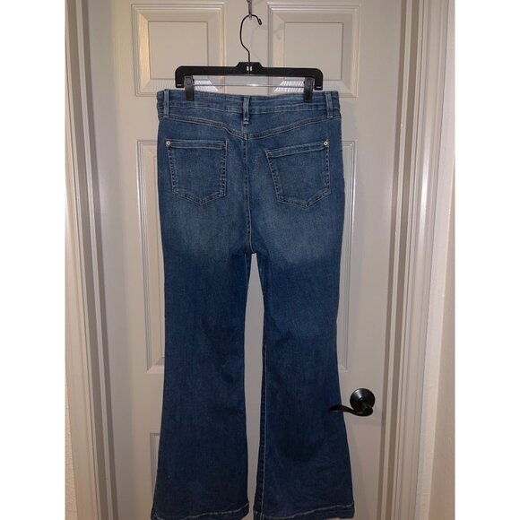 INC High Rise‎ Flare Jeans Size 14 – Stretchy Dark Wash Button Fly Denim - Picture 4 of 12